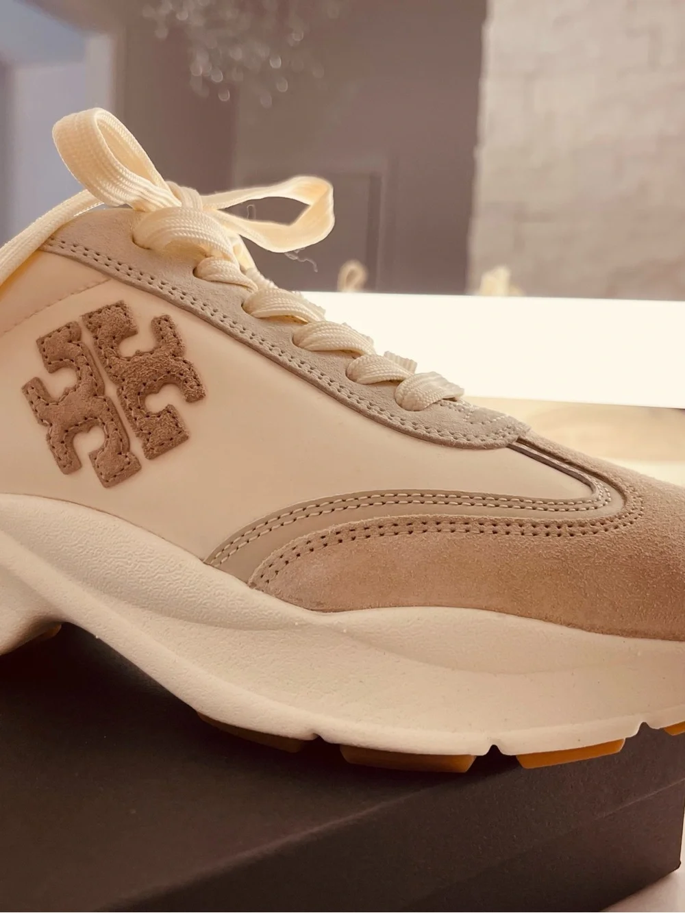 Good Luck Trainer by Tory Burch Cream and Beige Suede-Trim Sneakers♥️